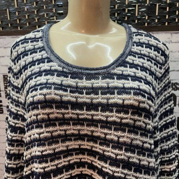 JM Collection Plus 2X Navy Color Striped Textured Weave 3/4 Sleeve Sweater - Picture 3 of 6